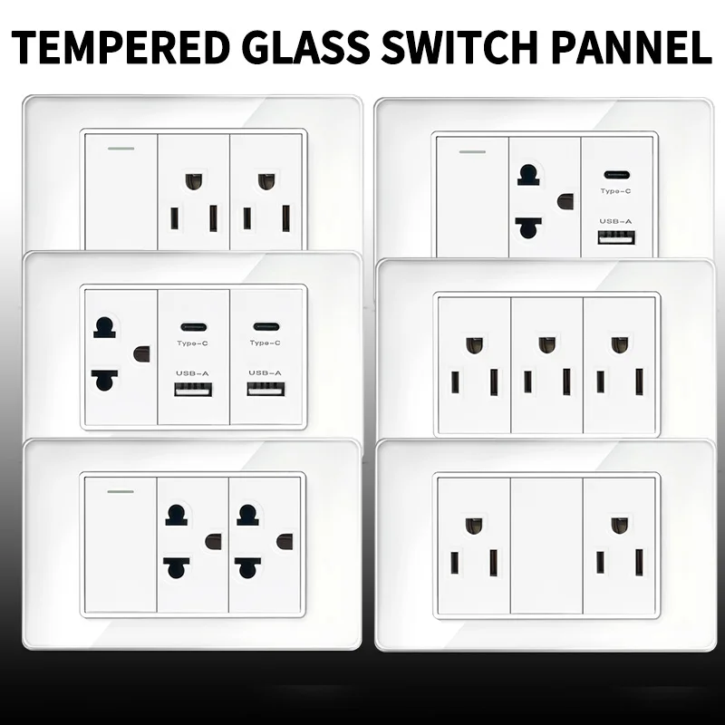 

​​Dual 20W USB-C + US/Thai Outlets in 118mm Tempered Glass Panel - All-in-One 110V Wall Charging Station​​