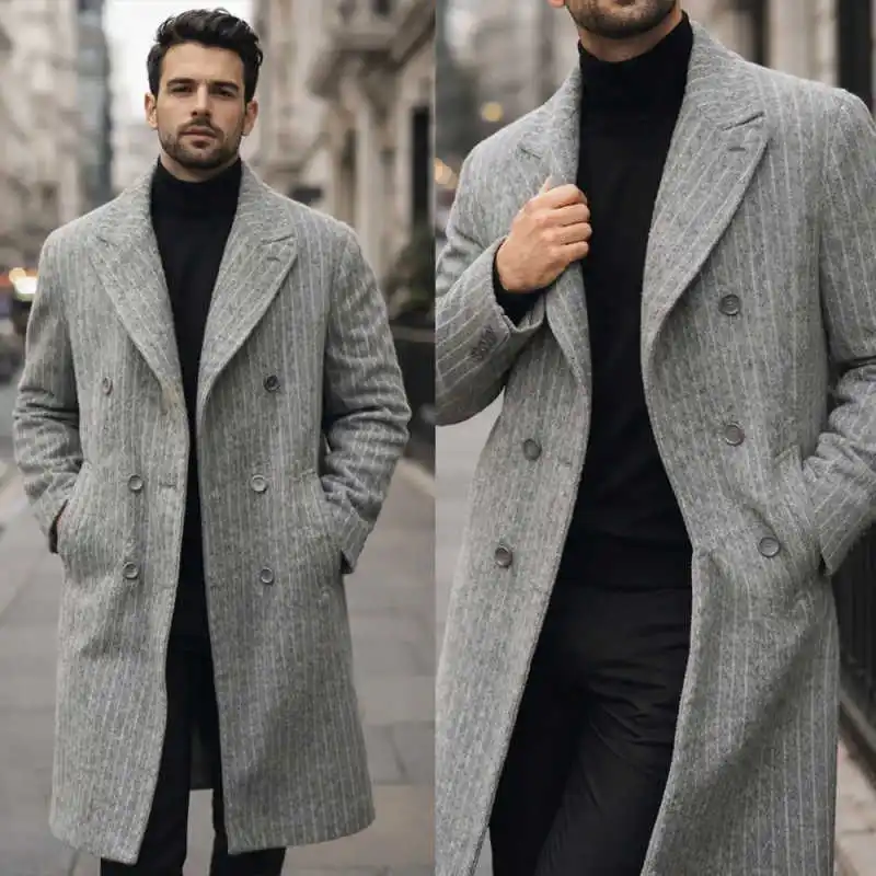 

Casual Men Coat Wool Blend Double Breasted Peaked Lapel Jacket Blazers Autumn Winter Customized Outwear One Piece