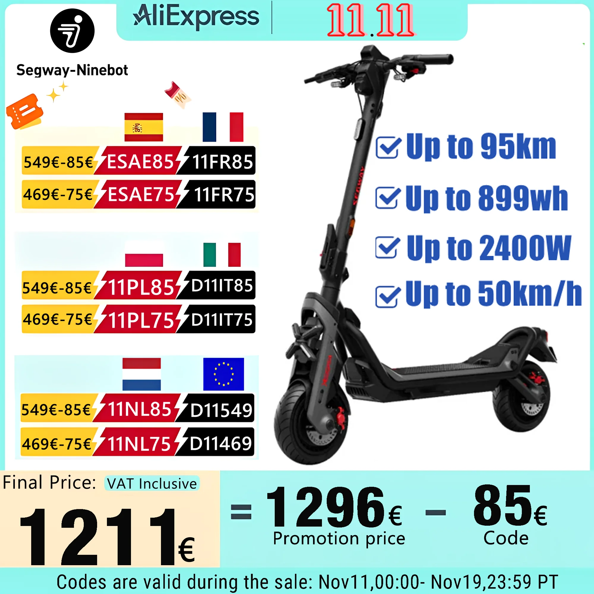 EU In Stock Ninebot di Segway GT3 Scooter elettrico 50 km/H velocità massima 2400w potenza massima 95km lungo raggio 30% salita pendenza Kickscooter