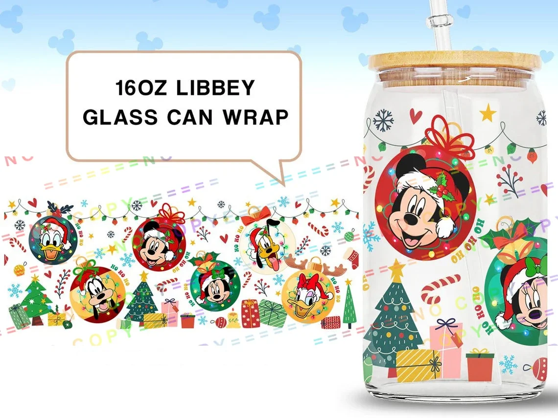 Mickey Mouse Disney Christmas UV DTF Transfer Sticker For Libbey Cups Wrap Self Adhesive Waterproof Decal 16oz Sticker Christmas