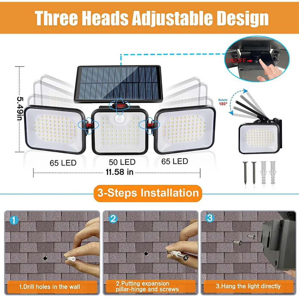Folding Solar LED Light Three-Head Wall Lamp Rotating Human Body Induction Remote Control Outdoor Garden Landscape Lighting Lamp