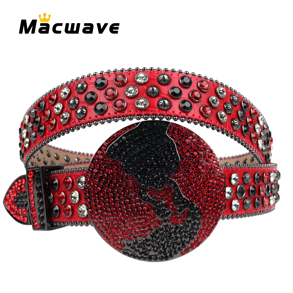 

Punk Rhinestone Belts Metal Globe Buckle Fashion Luxury Studded Belts for Men Ceinture PU Homme Belt For Jeans Men