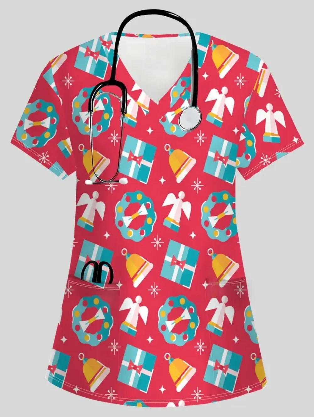 الدعك موحدة امرأة عيد الميلاد سلسلة يطبع سبا الطبيب البيطري الخامس الرقبة قصيرة الأكمام ممرضة الصيف موضة طبيب الأسنان الزي السريري امرأة #3