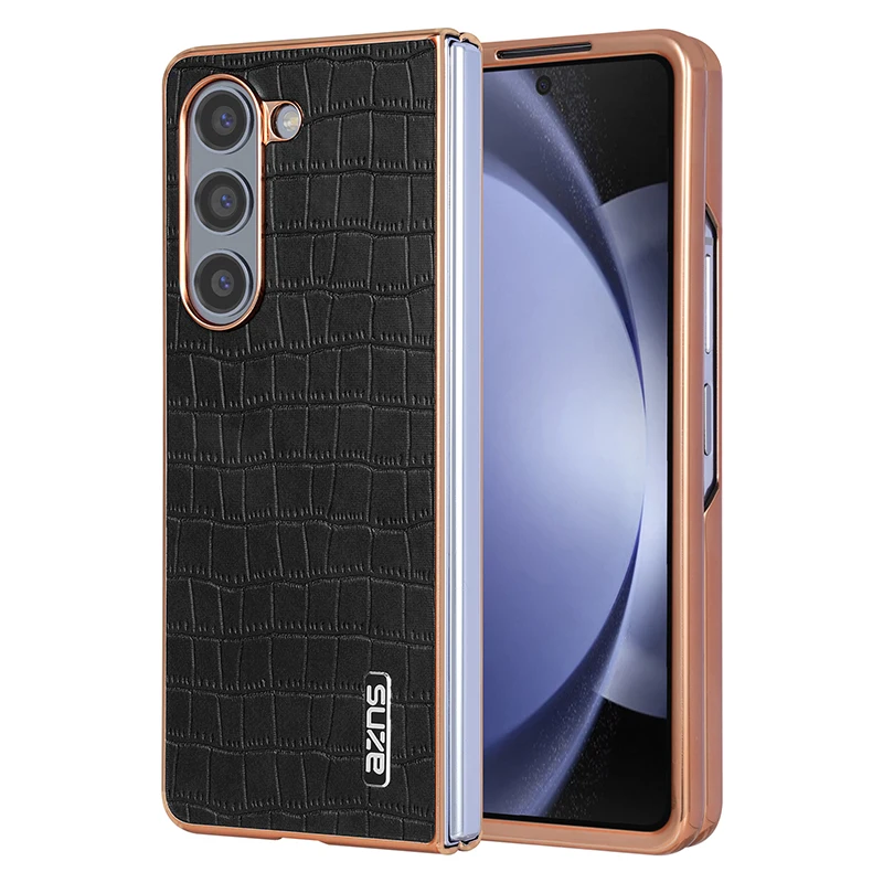 AZNS Luxury 3D Alligator Pattern Folding Leather Case for Galaxy Z Fold 6 Fold 5 Fold 4 Fold 3 Gilded Border Protective Cover