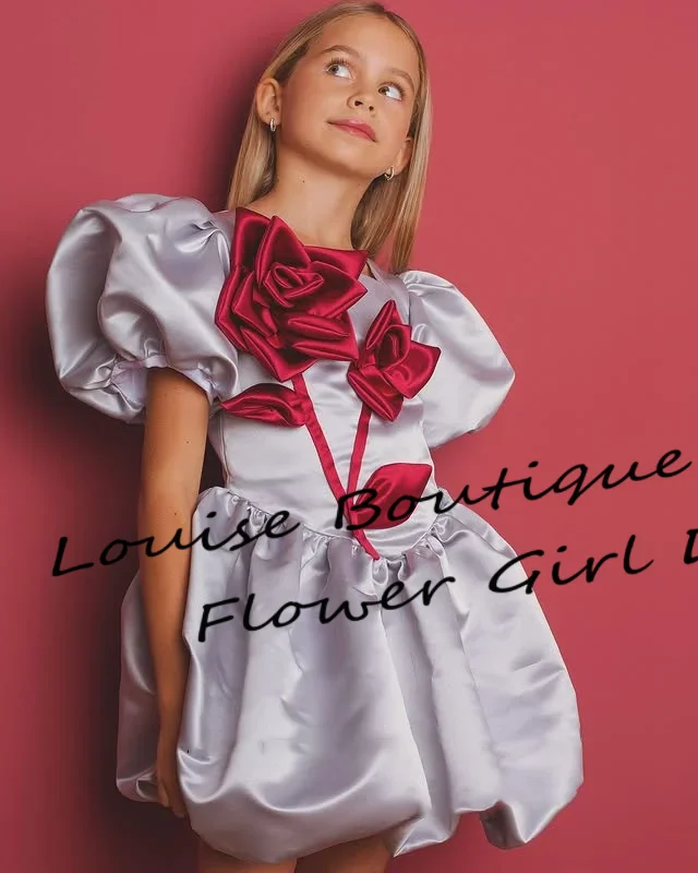 

lovely Satin A-line Flower Girl Dress Square Collar Puffy Sleeves Princess Birthday Party Dresses 2025 Short Kid Gown Customize