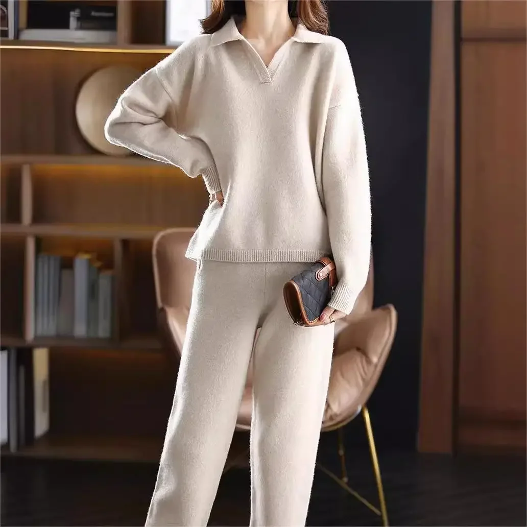 Knitting 2 Piece Sets Muslim Ensemble Women Sweater Turndown Collar Pullover Knitted Wide Leg Pants Suit Knitwear Casual Outfits