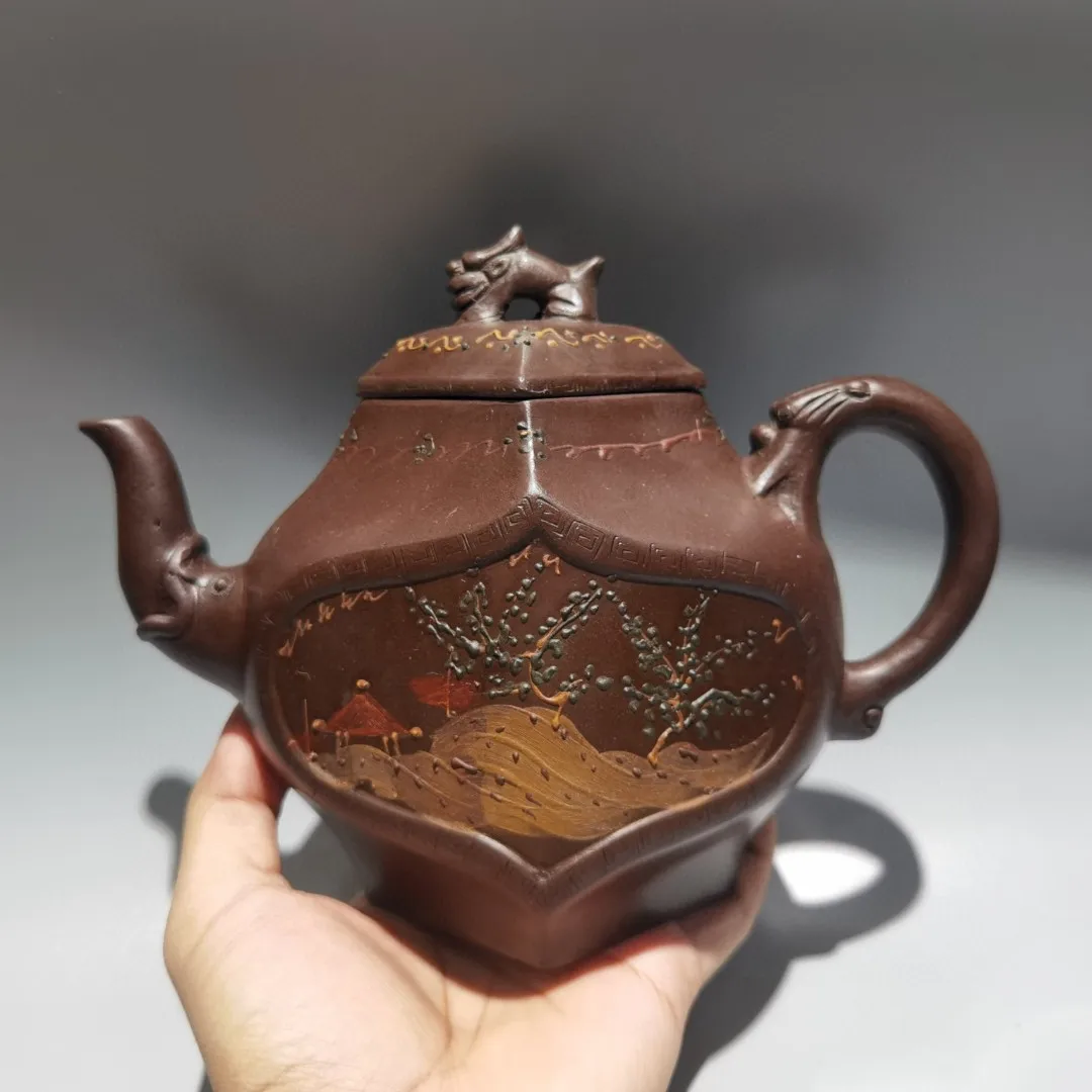 purple clay Pot Mud painting Landscape pattern Flat pot Polygonal teapot Amass wealth Ornaments Teapot Pot Tea Maker