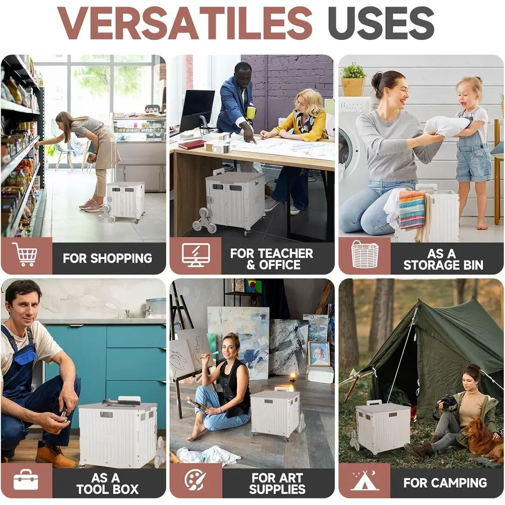 Stair-Climbing Rolling Crate for Shopping, Laundry, and Teaching - White