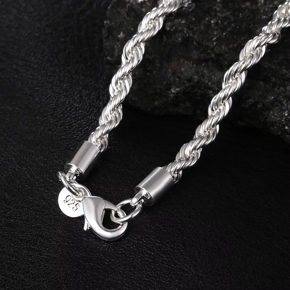40-60cm 925 Sterling Silver Solid 4MM Rope Chain Necklace for Women Men Beautiful Fashion Charm Wedding Party Jewelry