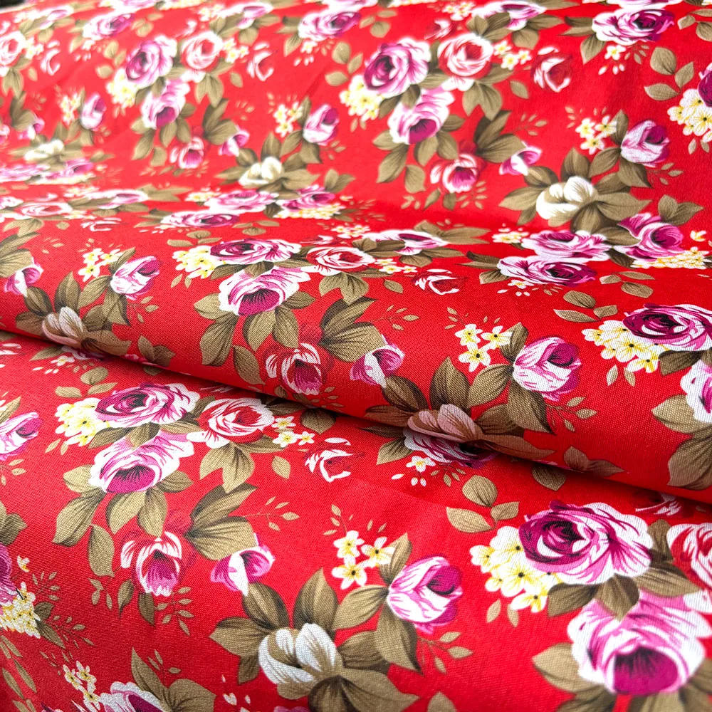 Polyester Rose Flower Printed Pattern Fabric For Sewing Dress Skirts Doll Clothes DIY Crafts Tablecloth Kitchen Apron Materials