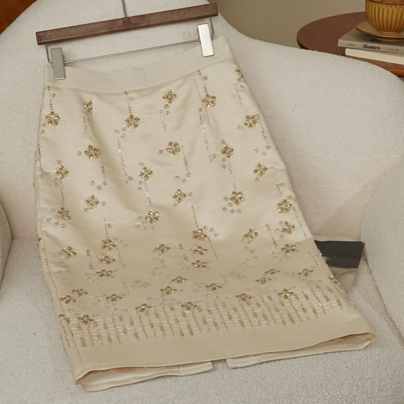 

High Quality Luxury Light Apricot Sequined Beading Decorated Elastic Skirt Women Fashion Vintage Wine Wedding Party Slit Skirt