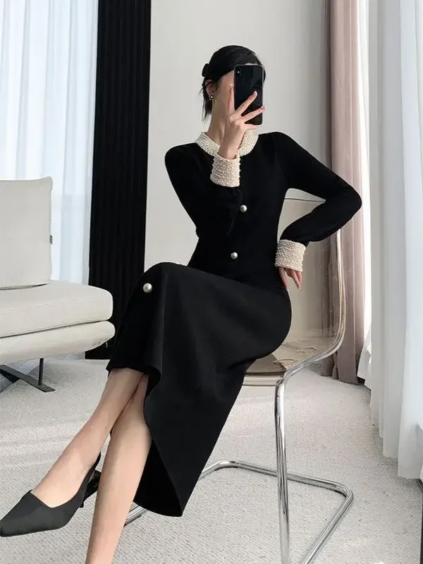 2024 Autumn New Versatile Elegant Long Sweater Dress for Women Autumn and Winter Luxury French Hepburn Style Black Knitted Dress