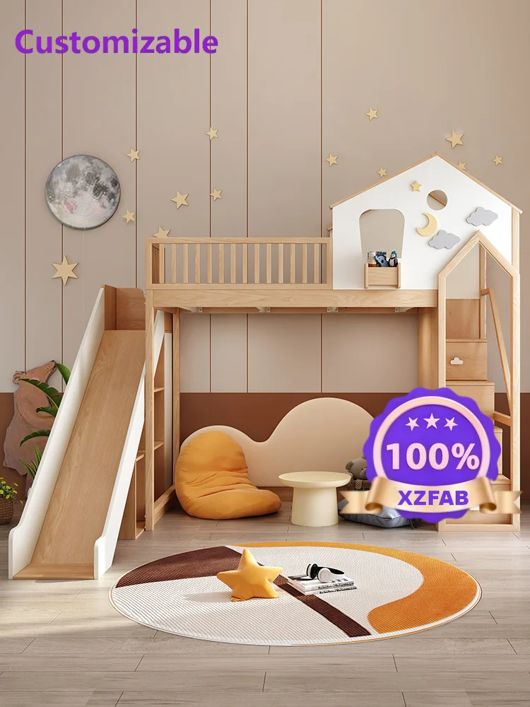 Factory Direct 2026 Solid Wood Kids Tree House Bunk Bed, Princess Castle Loft Bed with Slide & Ladder, Secret Base Bedroom