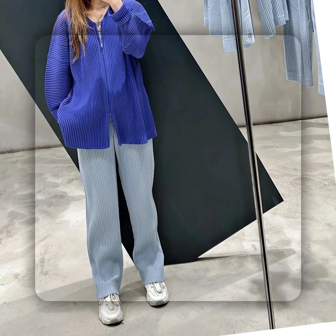 Miyake Spring Autumn Winter 2025 Men's Pleated Crew Neck Jacket Pleated Casual Long Sleeve V-Neck Plisse Zipper Jacket Men