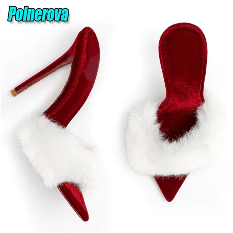 

Rabbit Hair Suede Women's Slippers Summer Peep Toe Thin High Heel Shoes Elegant Wine Red Black Stiletto Heels Party Sandals