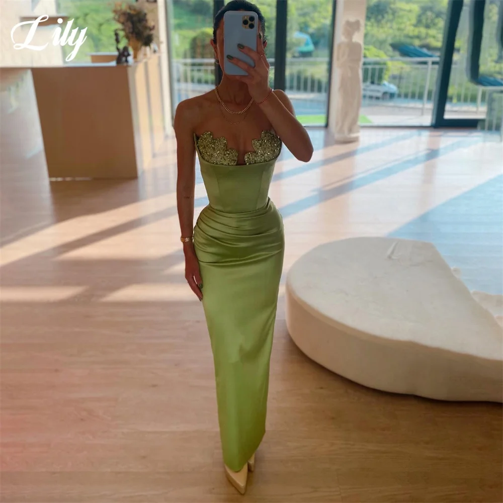 

Lily Green Sexy Prom Dresses Sweetheart sleeveless Prom Gown for Woman Satin Sequins Split Formal Gown robes du soir Customized