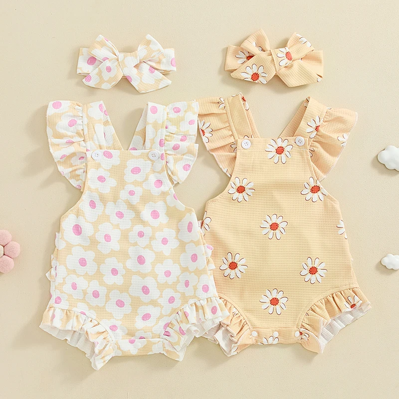 

Tregren 0-18M Infant Baby Girl 2Pcs Summer Outfits Cute Ruffle Sleeveless Flower Print Romper with Headband Set Toddler Clothes