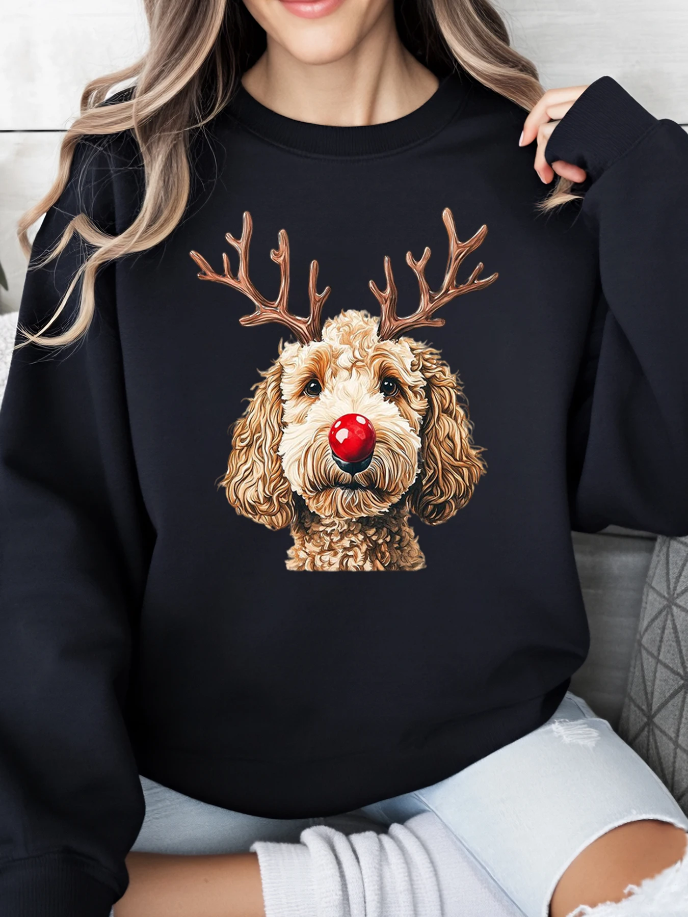 

Рождественский свитшот с принтом собаки оленей, женская повседневная праздничная одежда больших размеров