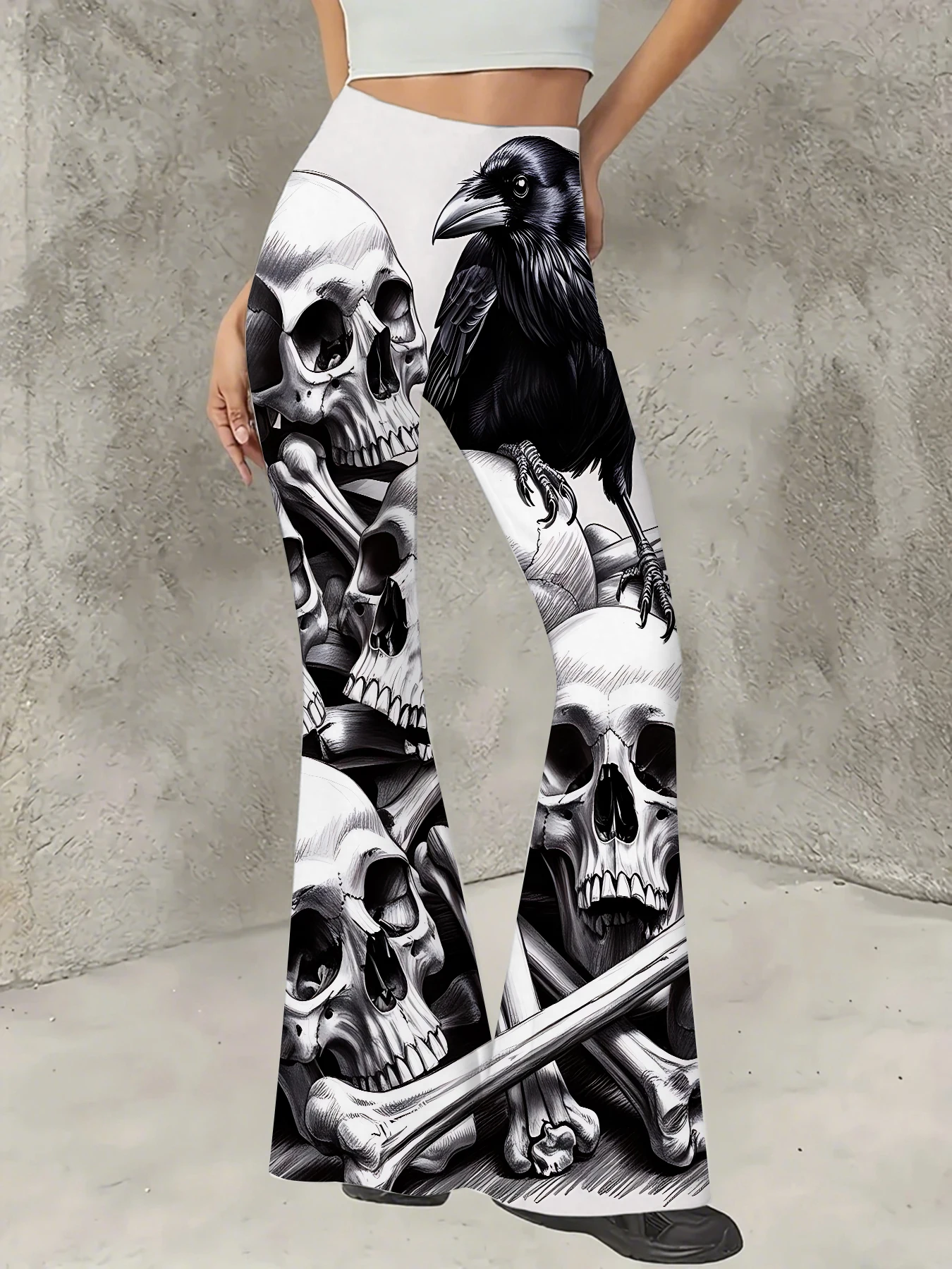 

Retro Printed Flare Pants Women High Waist Polyester Knit Bell Bottom Trousers