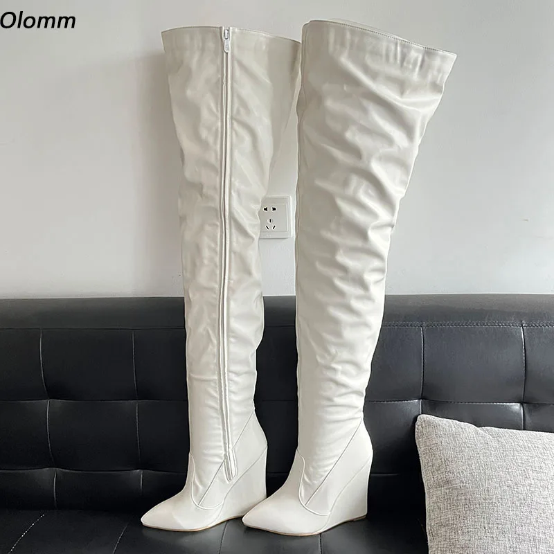 

Olomm 2024 Handmade Women Platform Thigh High Boots Unisex Wedges Heels Pointed Toe Beautiful White Wedding Shoes US Size 5-15