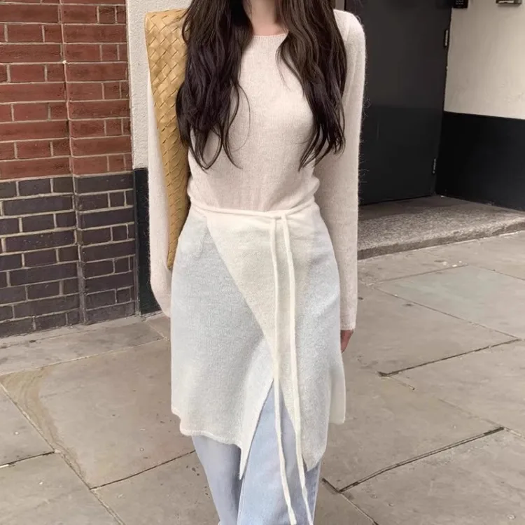 

Korean Simple O-neck Long Sleeve Knitted Tops Women+ Y2k High Waist Lace Up Skirts 2025 Early Spring New Two Piece Sets