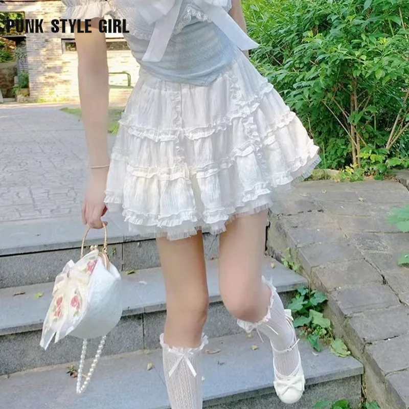 Elastic Waist White Black A Line Mini Kawaii Skirt Japanese Style School Y2k Aesthetic Fairycore Short Skirt Women Streetwear