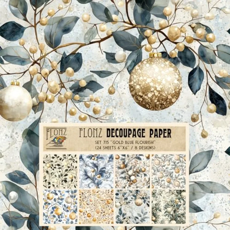 

Decoupage Paper Pack 24 Sheets 6"x6" Gold Blue Flourish ~ Delicate Baubles and Branches on Bright Background, Graceful Curves a