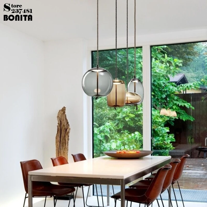 Nordic Color Glass & Twisted Hemp Rope Suspension Light, Luxury Artistic Accent Lamp Ideal for Living Room, Dining Area Decor