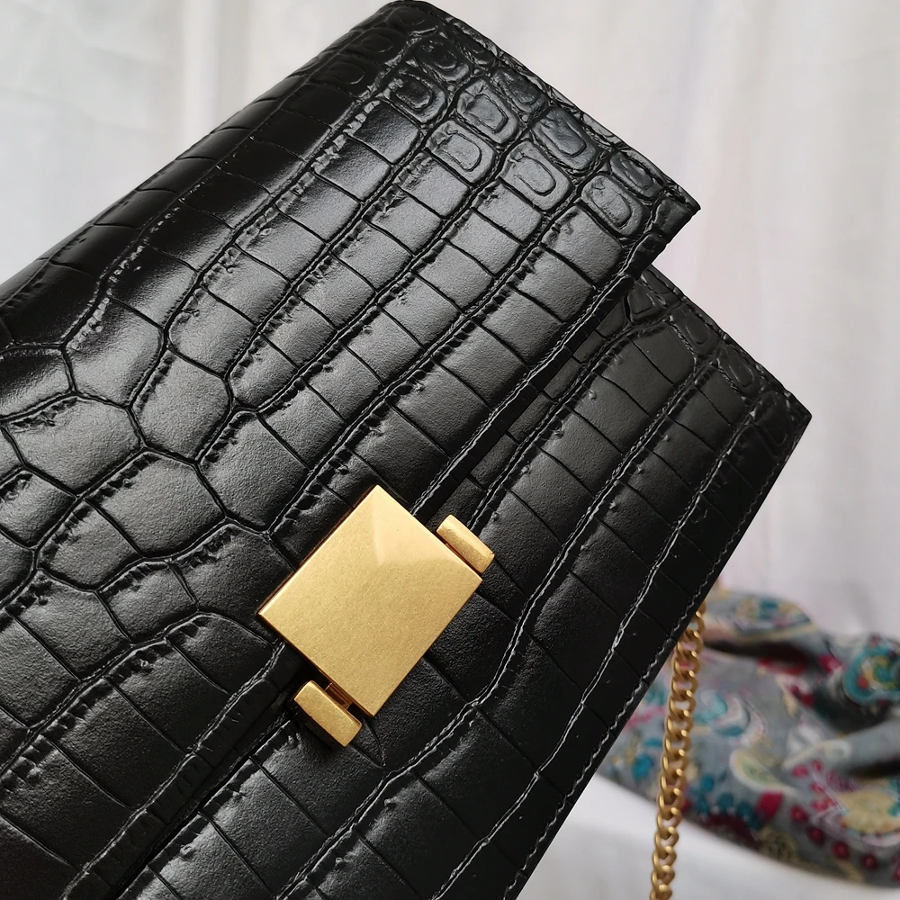 Black Fashion Crocodile Pattern Chains Clutch Genuine Leather Women Bag Real Leather Lady Shoulder Crossbody Bag