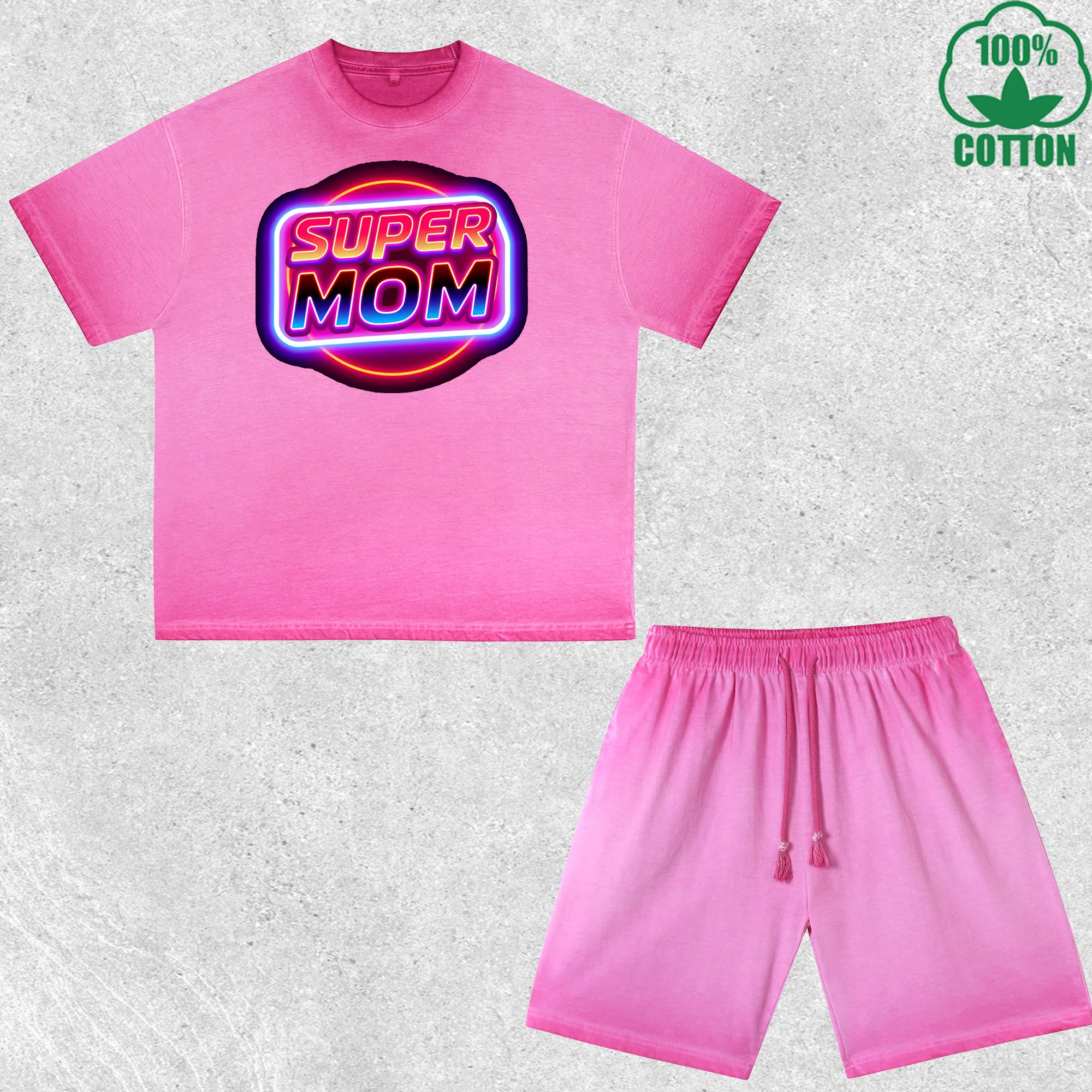 

Super Mom Printed Dirty Wash T-Shirt Shorts Set Multicolor Combo Loose Trendy Fashionable 100%Cotton Short Value Pack