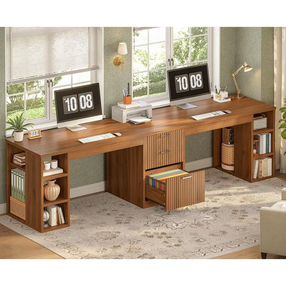 96.5 Computer Desk with Desks, 2 Person Home Office Desk, Gaming Double Desk with Storage Shelves, Long Two Person Writing Desk,