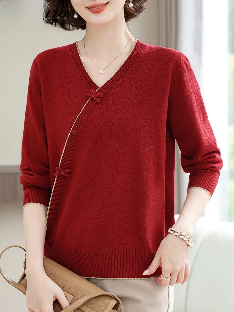 

Spring Faion Mommy Knitted Top Thin Women Base Layer Wedding Dr Auntie Spring Autumn Nylon Polyester Blend V-Ne Regula...