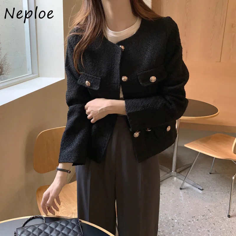 Neploe Elegant Fashion O-neck Single Breasted Tops Mujer 2024 Autumn Newblack Coat Women Y2k Slim Fit Long Sleeve Jackets