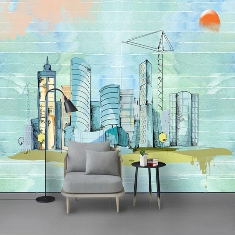 

Modern and simple watercolor hand-painted lines urban architecture TV luxury home decoration bedroom background wall paper