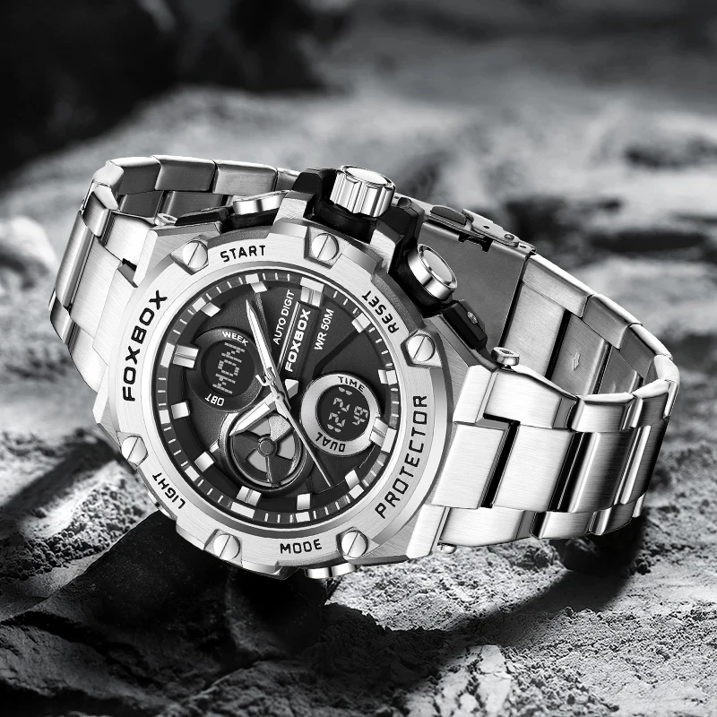 FOXBOX Luminous Watches Mens Business Led Digital Dual Time Week Display Waterproof Stainless Steel Wristwatches Watch For Man