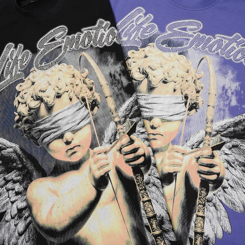 T-Shirt mit Strass-Engel-Print für Männer, Baumwoll-Grafik-T-Shirt, Retro-Punk-Urban-Streetwear, Sommer-Freizeitkleidung, Kurzarm-Oberteil – Detail 8