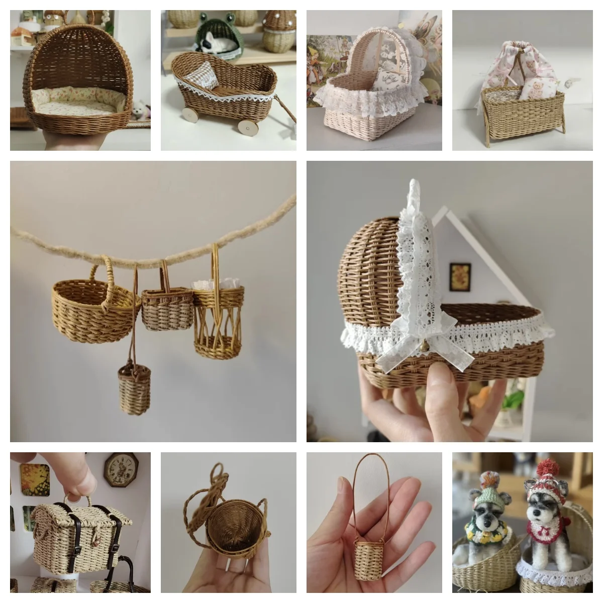 

Миниатюрные аксессуары для кукольного домика, масштаб 1:6, ручная работа из ротанга, коляска, кровать для домашних животных, чемодан, плетеная детская коллекция