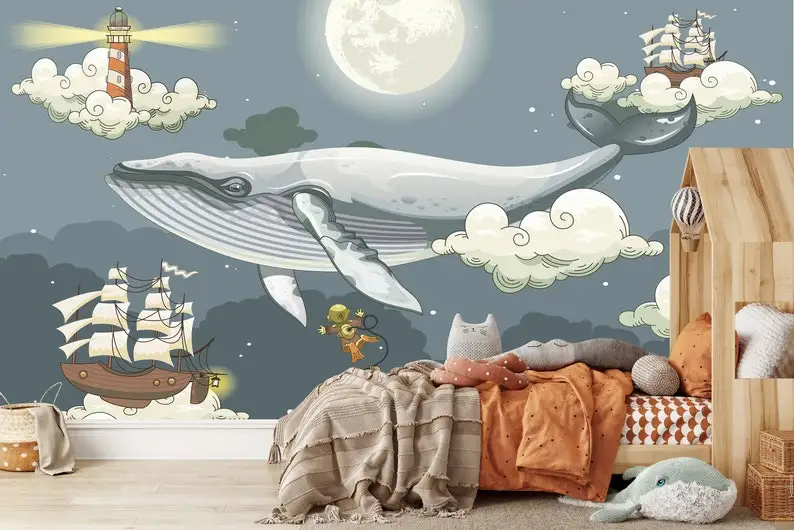 Летающий КИТ, Мультяшные обои, пленка и наклейка, морская подводная жизнь, яркие животные, голубой цвет, детская комната, самоклеящийся Wa