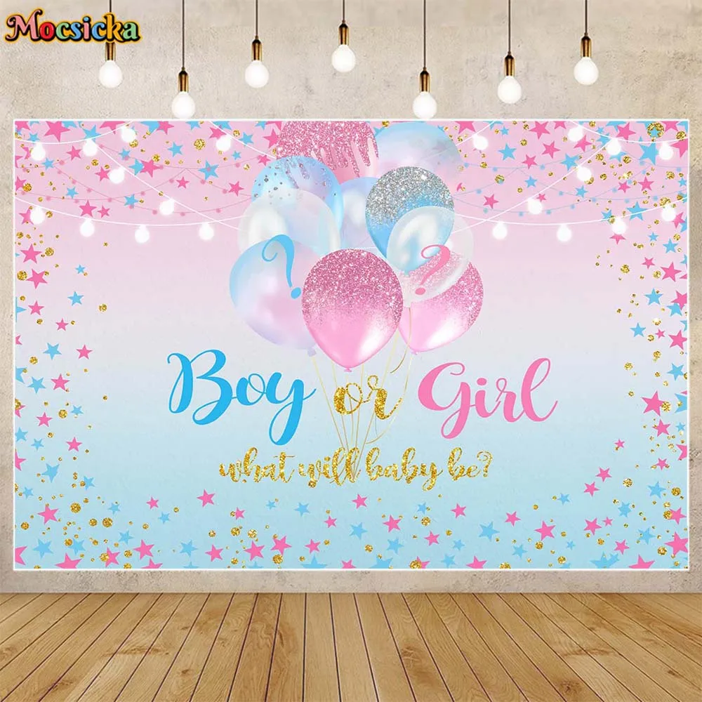 

Mocsicka Boy or Girl Gender Reveal Background Blue and Pink Balloon Star Glitter Newborn Party Decor Baby Shower Backdrop Banner