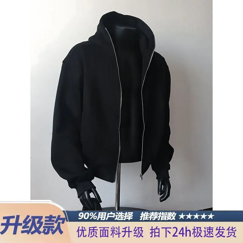 American high street basic solid color hooded zipper sports cardigan jacket trendy sweater