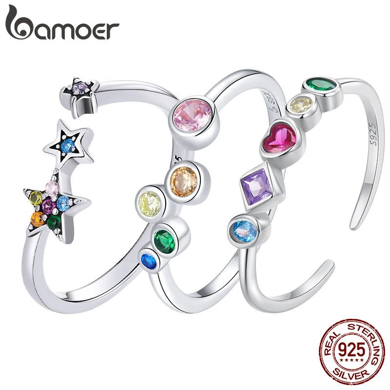 Bamoer Original 925 Sterling Silver Colorful Open Ring Color Zircon CZ White Gold Adjustable Cute For Women Wedding Fine Jewelry