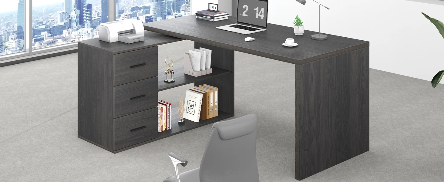 HSH L Shaped Computer Desk with Drawers, L Shaped Desk with Storage Cabinet Shelves