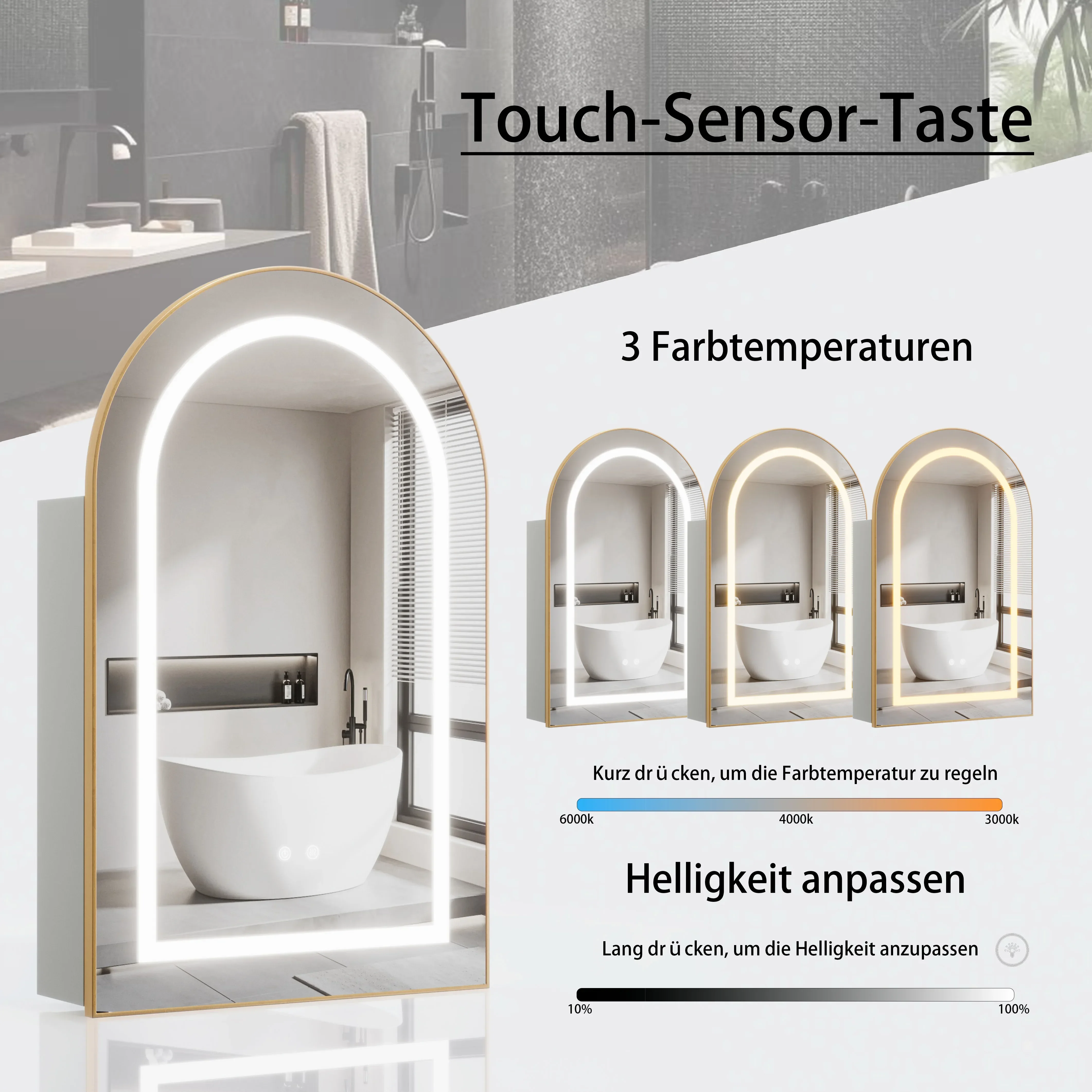 Armoire de salle de bain intelligente en bois massif blanc moderne avec miroir lumineux anti-buée et rangement intégré