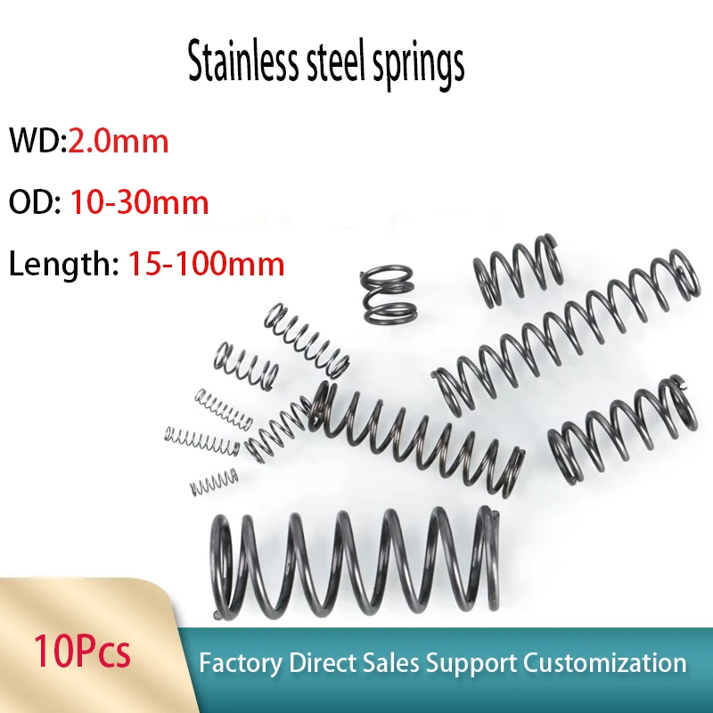 

Stainless Steel Compression Spring 2.0mm Wire Dia, 10-25mm & 30mm OD, 10-100mm Length, 10 Pcs Pack