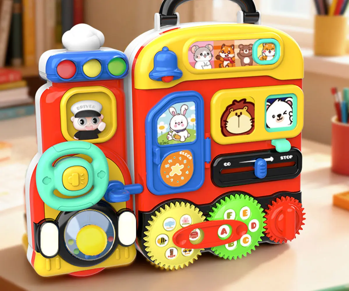 Montessori Busy Train Toy, Toddler Interactive Educational Activity Board, Multi-Functional Early Learning Toy