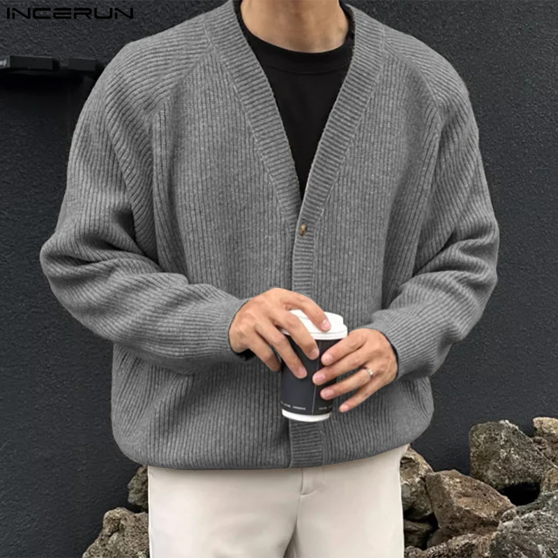 2024 INCERUN Korean Fashion Long Sleeve Tops Men V-neck Elegant Cardigan Vintage Style Simple Coats Warm Loose Sweaters S-5XL