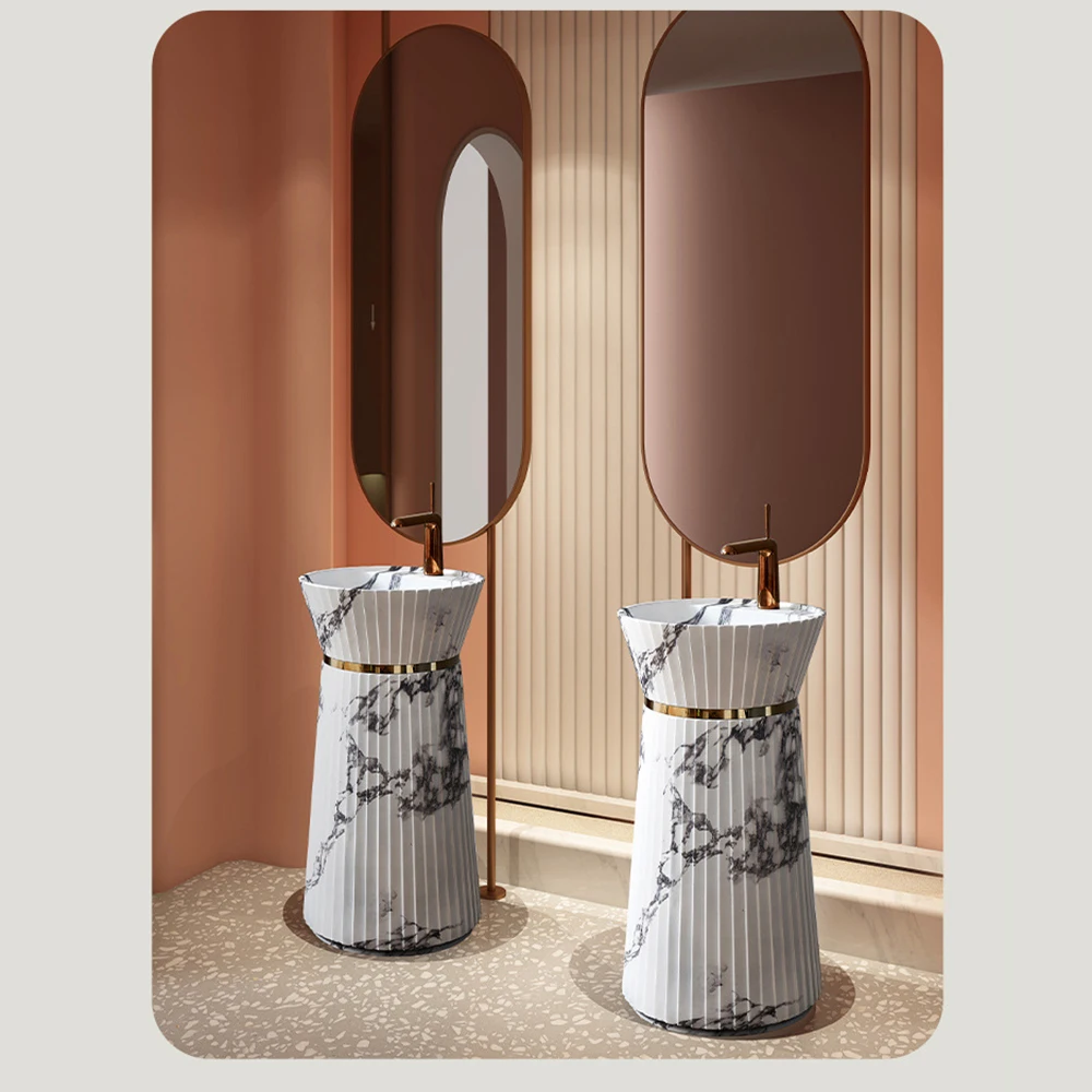 Marble-Look Slim Waist Pedestal Sink, Modern Minimalist Freestanding Wash Basin For Hotel Home Stay Bathroom RS22019
