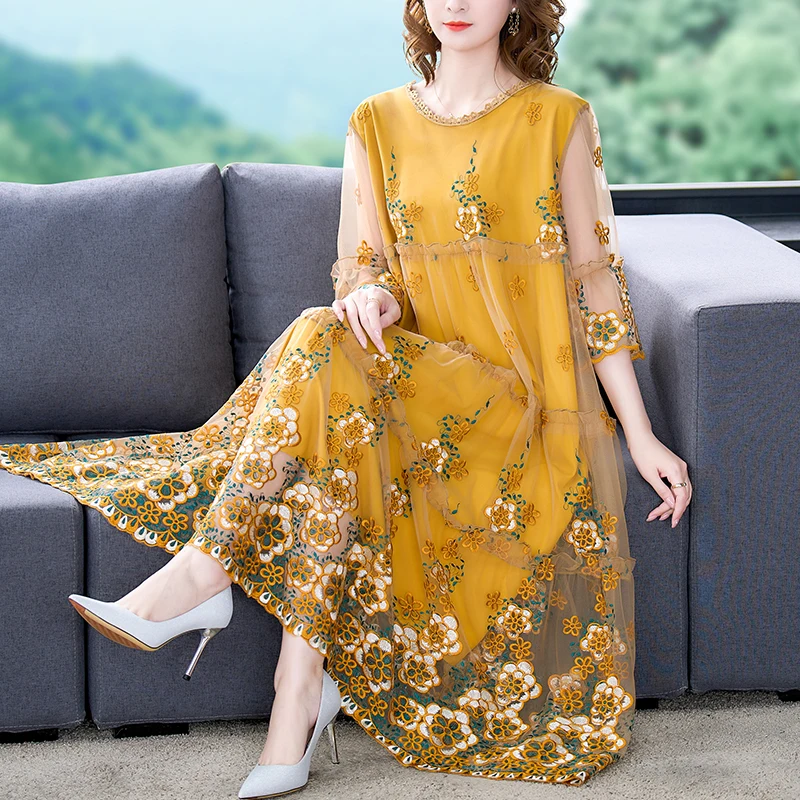 Summer Embroidery Floral Natural Silk Light Midi Dress Women Korean Fashion Light Beach Dress 2024 Elegant 5XL Plus Size Dress