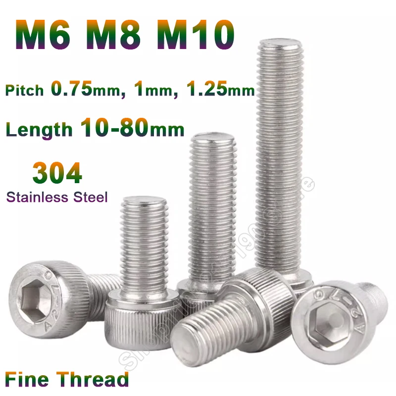 

M6 M8 M10 304 Stainless Steel Fine Thread Hexagon Hex Socket Cap Head Screw Cheese Cylindrical Head Allen Bolt Pitch 0.75-1.25mm