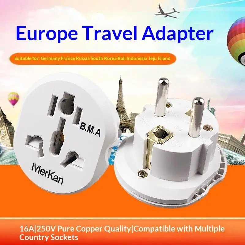 Professional Travel Adapter from AU US UK CN To EU KR; 16A 250V Wall Socket Converter; Comes with Dual Round Socket